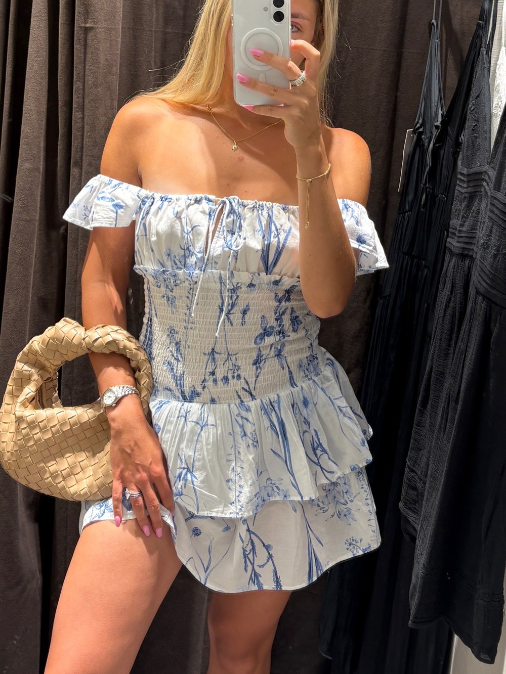 H&M White Mini Dress with Blue Floral Print